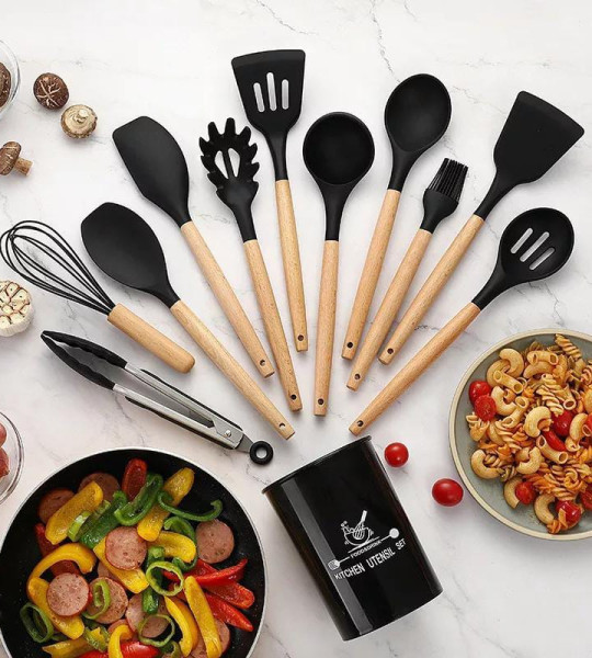12 Pcs Set Wooden Handle Silicone Kitchen Utensils With Storage Bucket High Temperature Resistant And Non Stick Pot Spatula Spoon